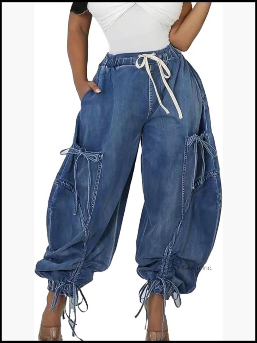 Baggy Y2K Elastic Waisted Jeans Bow-Knot Drawstring Pull-On Cargo Denim Harem